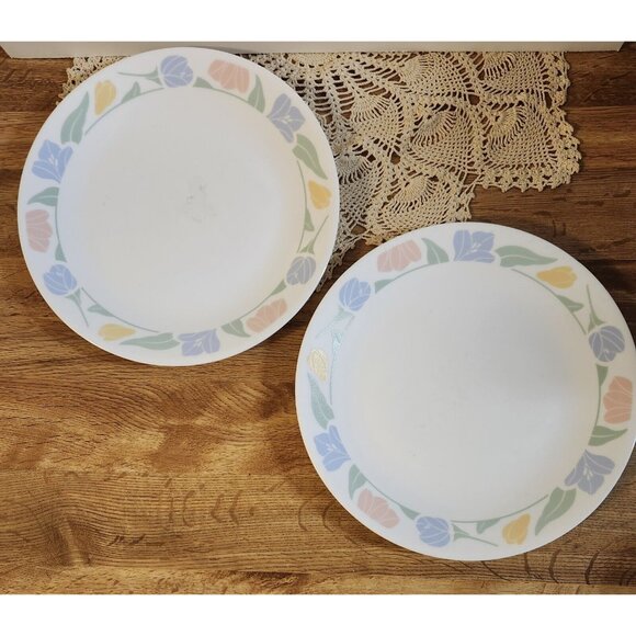 2- Corelle Friendship 10.25" Dinner Plates, Tulip Flower Rim Vintage - Picture 1 of 8